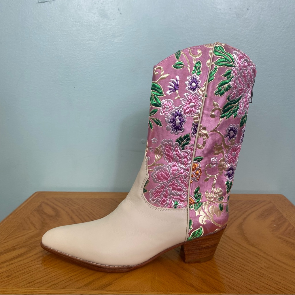 Momo New York Selina Western Silk Leather Boots Cowboy Size 7 Floral Pink Cream — image 5 of 8